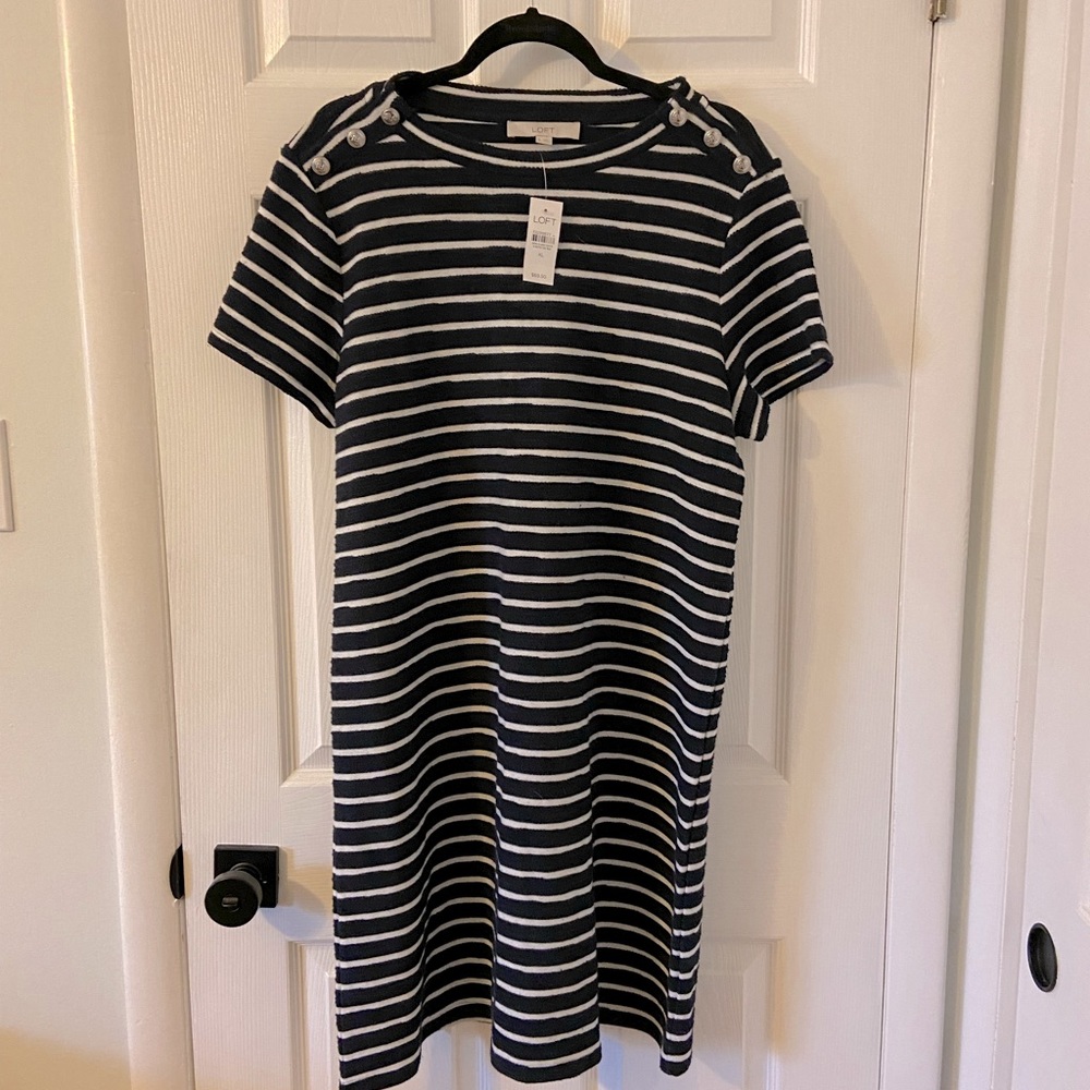 Navy and White Loft Striped T-Shirt Dress with Button Detail - New with tags!